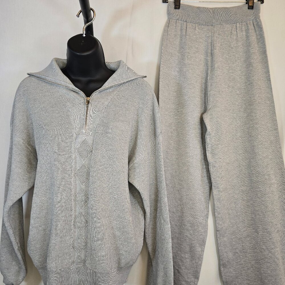 Gray Quarter Zip Knit Sweater Pantsuit
